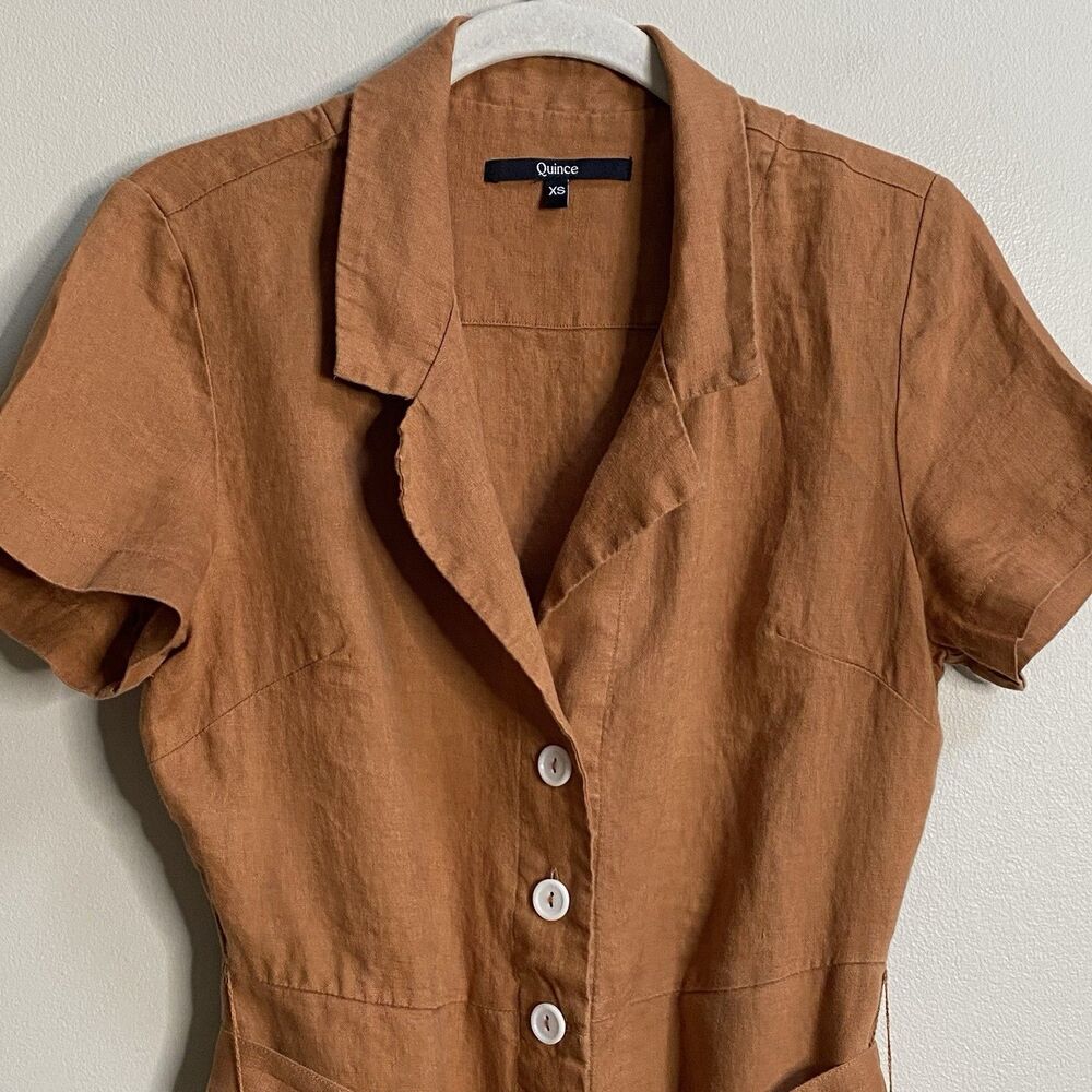 Quince Terracotta 100% European Linen Button Front Belted Midi Dress Size XS - Picture 5 of 14
